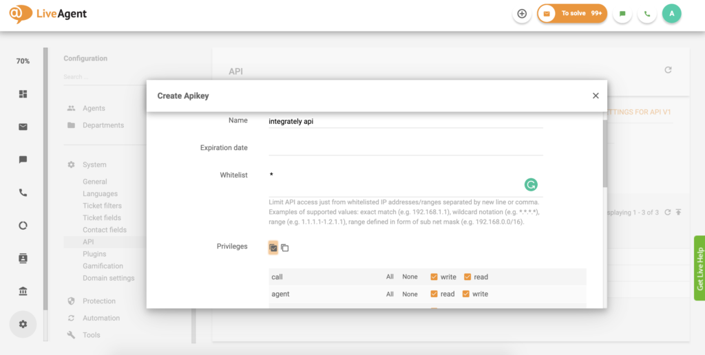 API rakto nustatymas LiveAgent
