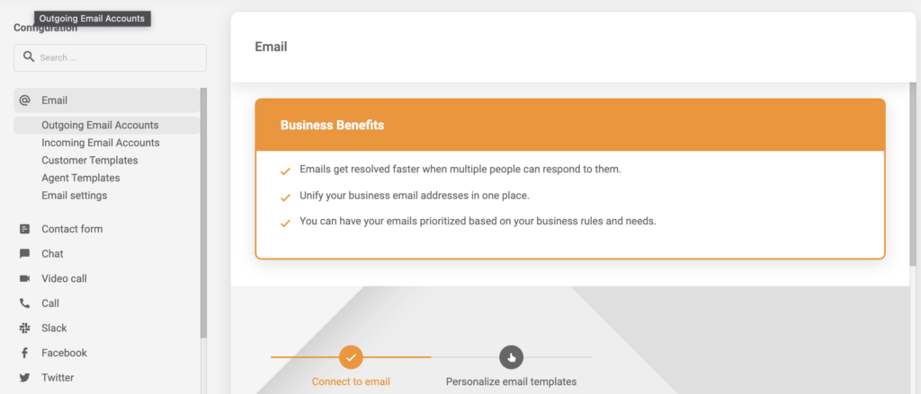 Išeinančios arba įeinančios el. pašto paskyros pasirinkimas LiveAgent