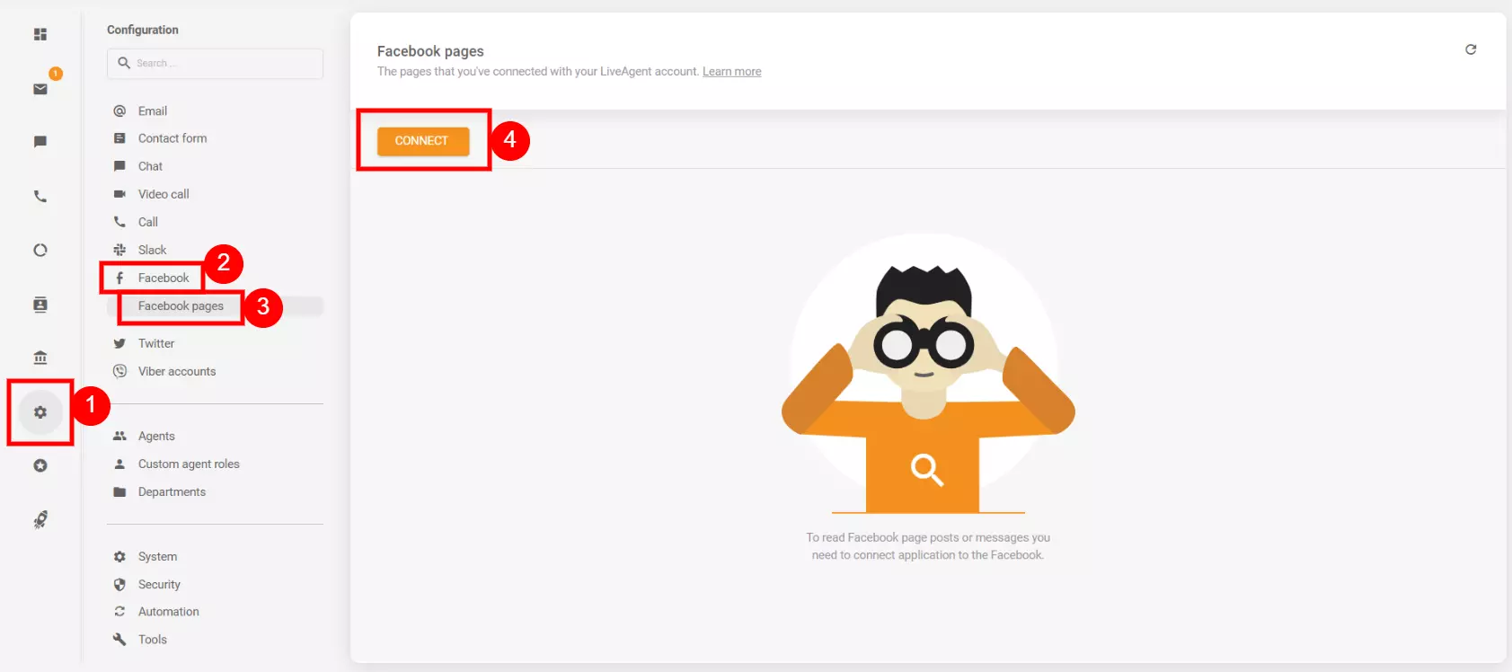 Konfigūracijos nustatymai, kad sujungtumėte savo Facebook sąskaitą su LiveAgent
