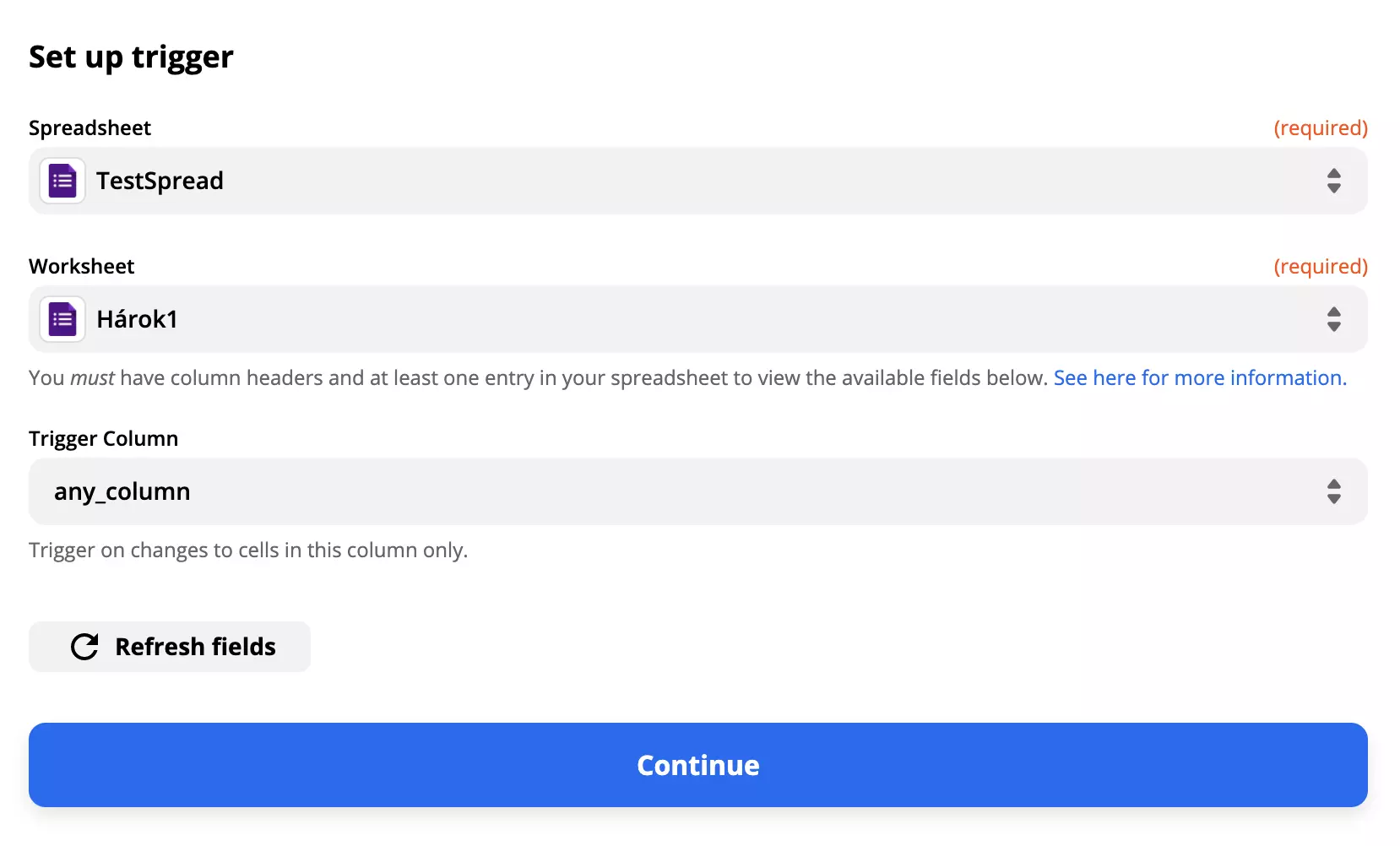 Google Forms\' triggerio nustatymo pavyzdys su užpildytais laukais