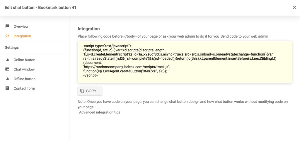 Sugeneruotas pokalbio mygtuko integracijos kodas LiveAgent