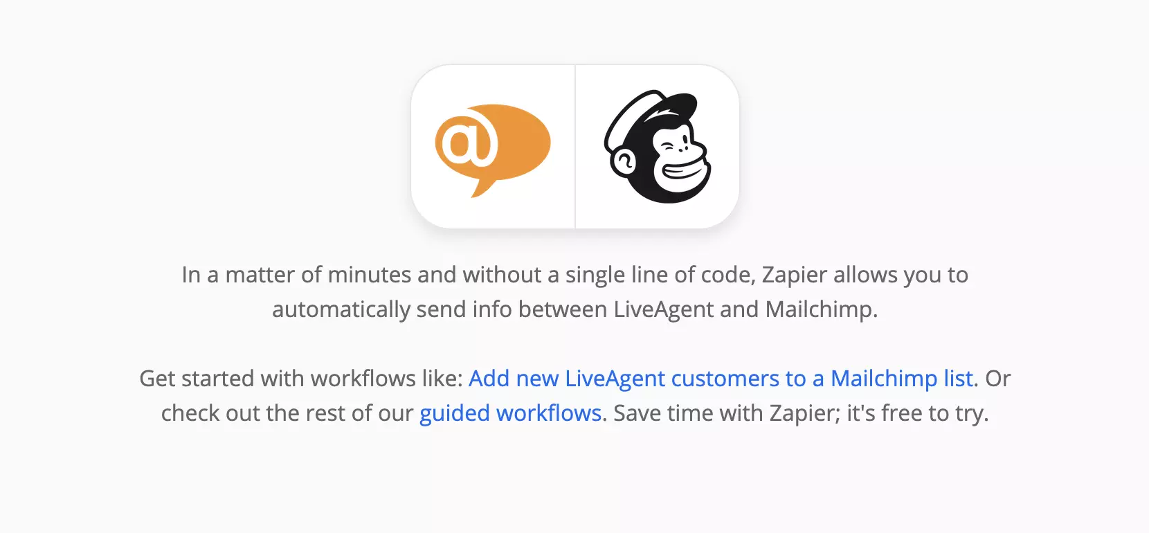 LiveAgent ir Mailchimp integracijos puslapis Zapier