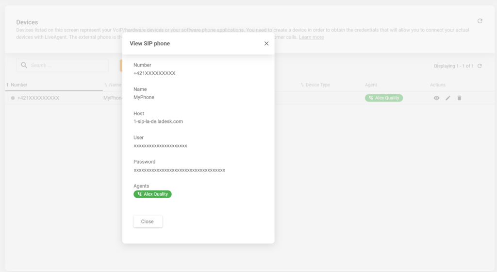 Naujai sukurto SIP telefono informacija LiveAgent konfigūracijoje