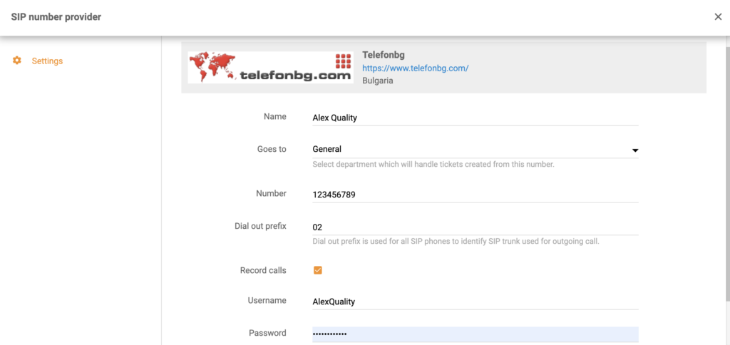 TelefonBG nustatymas pridedant naują skambučių centro numerį LiveAgent