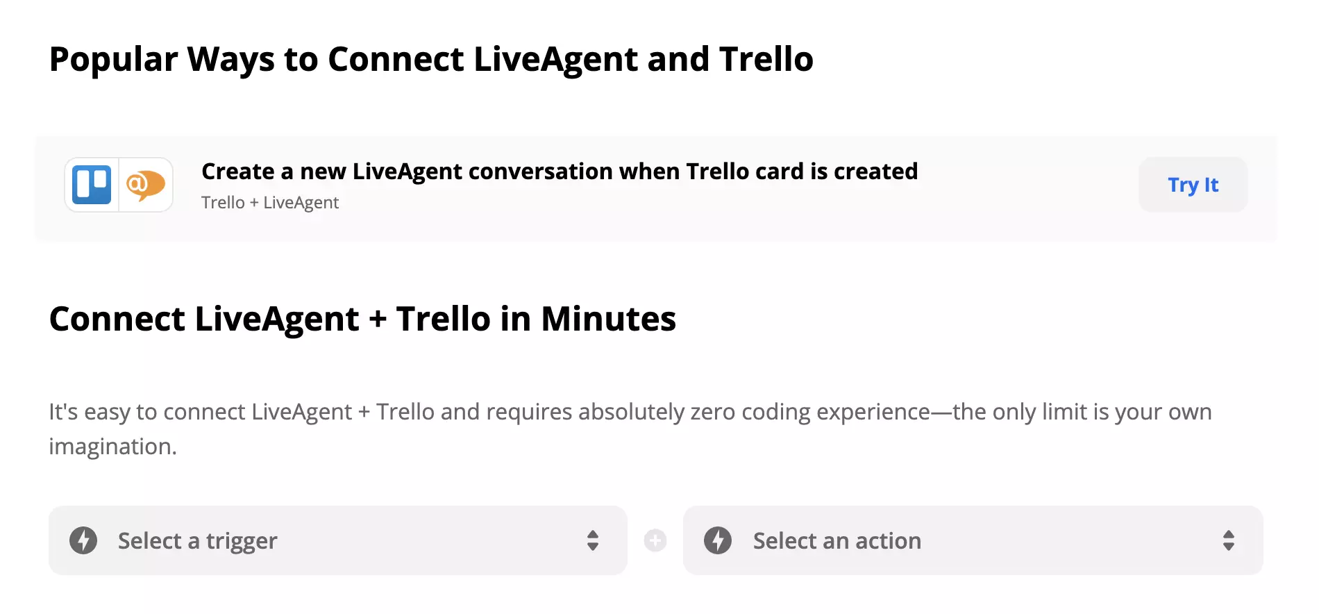 LiveAgent ir Trello integracijos Zapier su Trigger ir Action pasirinkimu