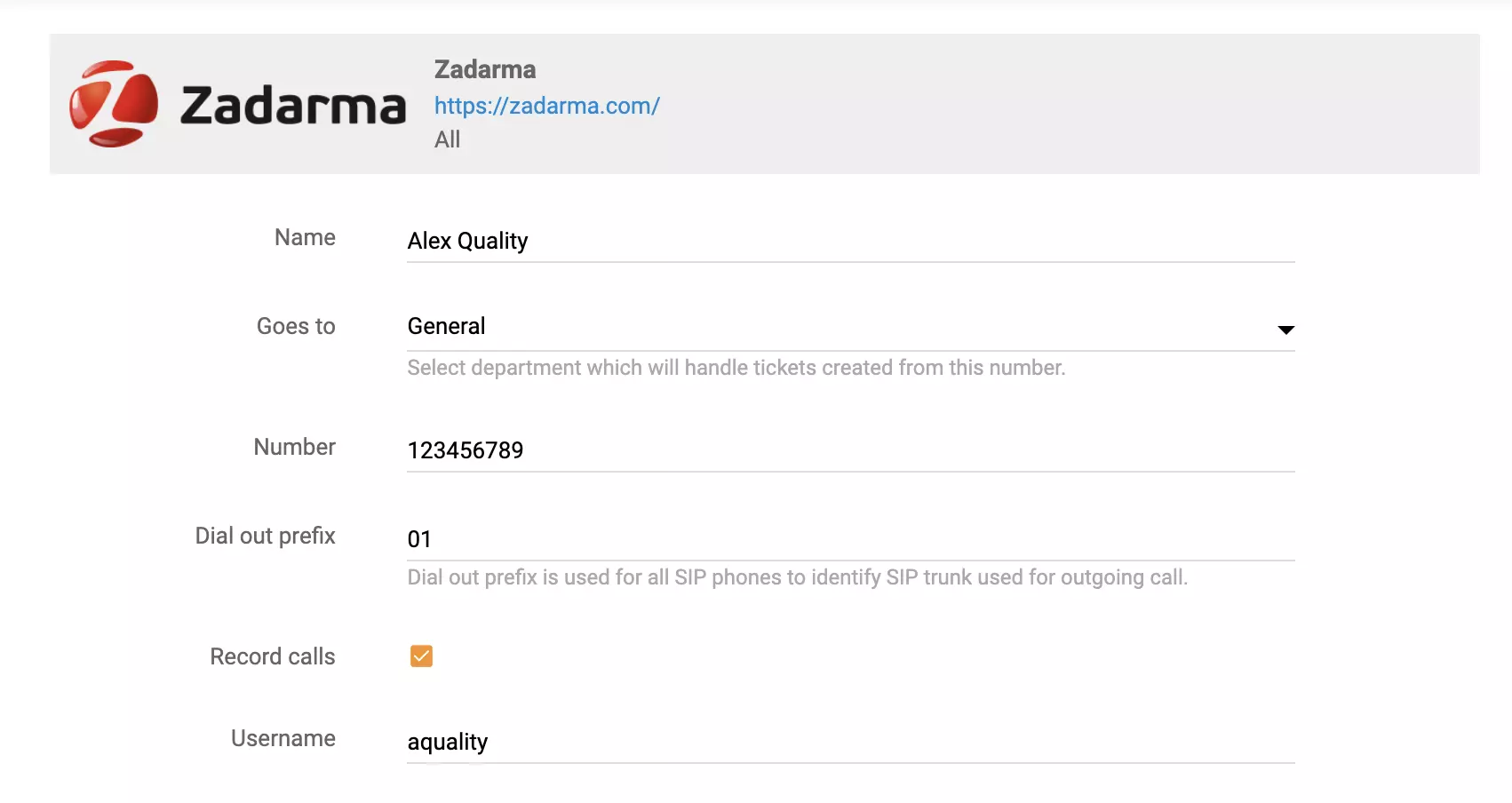 Zadarma skambučio nustatymo parinktys LiveAgent