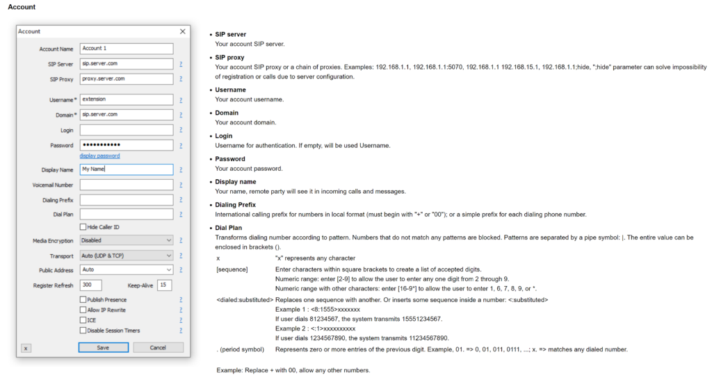 MicroSIP pridėti naują paskyrą