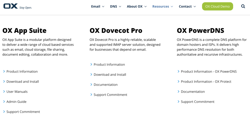 Open-Xchange svetainė su atsisiuntimo parinktimis ir gidais