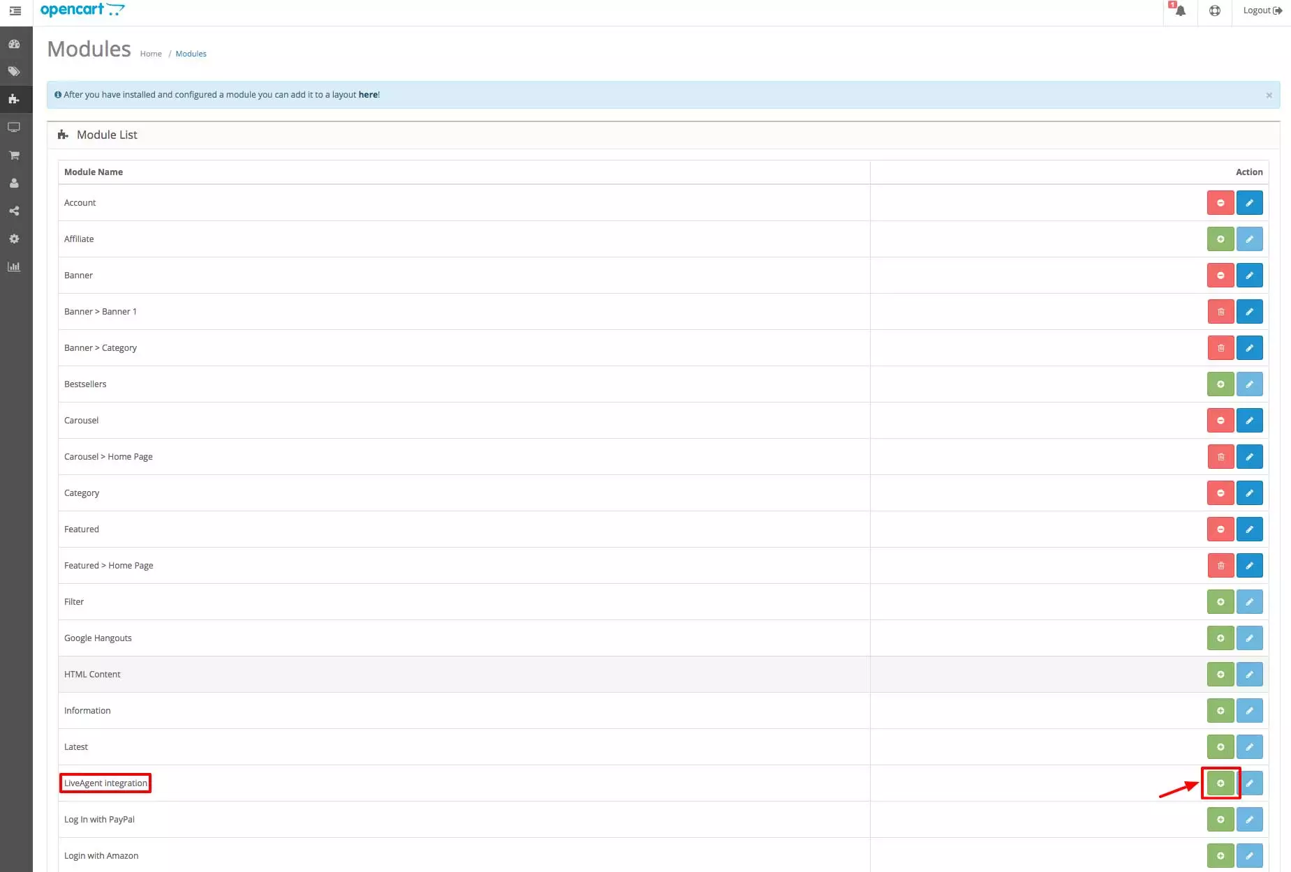 OpenCart LiveAgent integracija - Modulių skyrius
