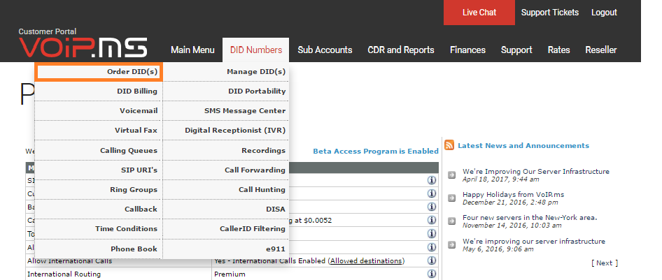 DID numerių skyrius VoIP.ms