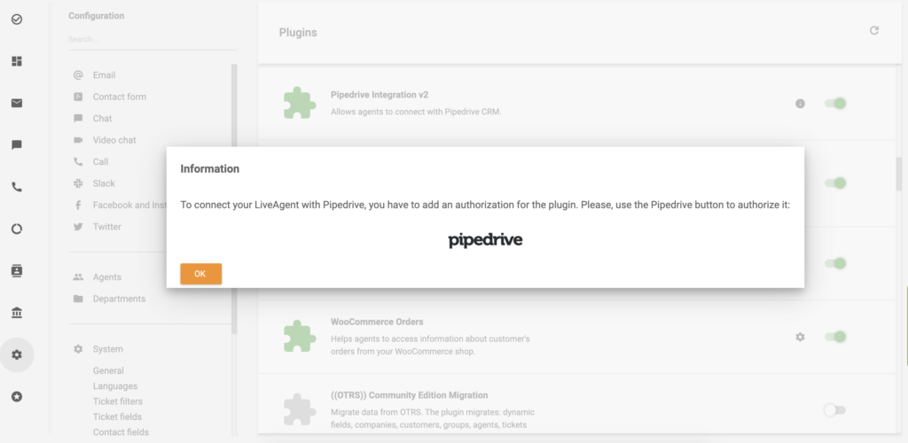 Spustelėkite PipeDrive logotipą, kad tęstumėte PipeDrive integracijos su LiveAgent