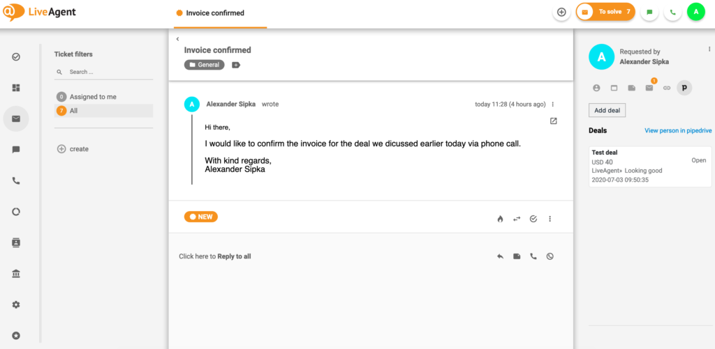 PipeDrive sandoris LiveAgent
