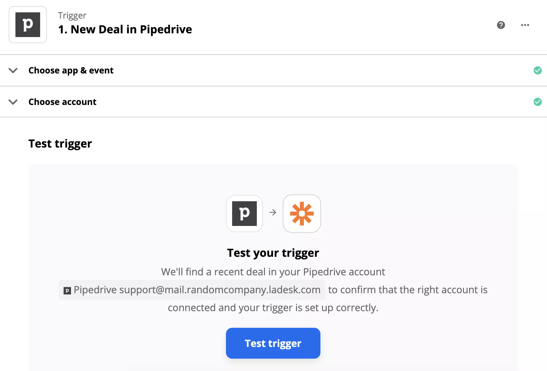 PipeDrive paleidimo testas po paleidimo sąrankos Zapier