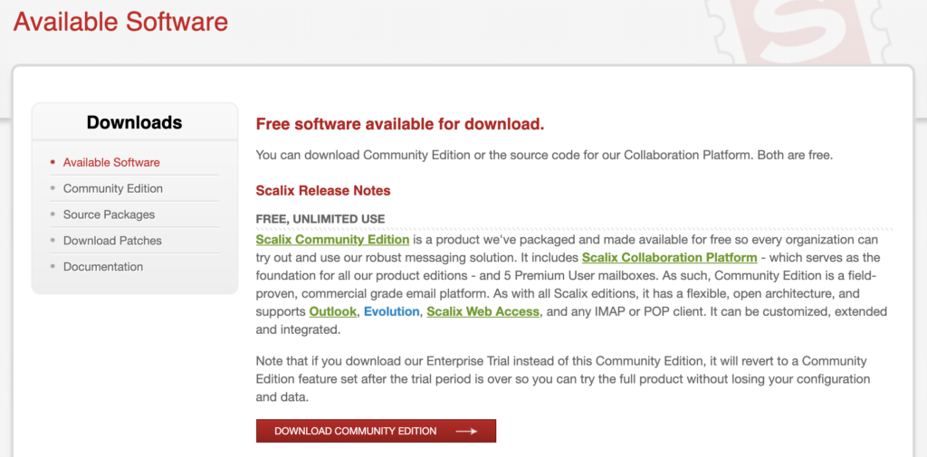 Scalix svetainė su prieinamais atsisiuntimais ir laidų informacija