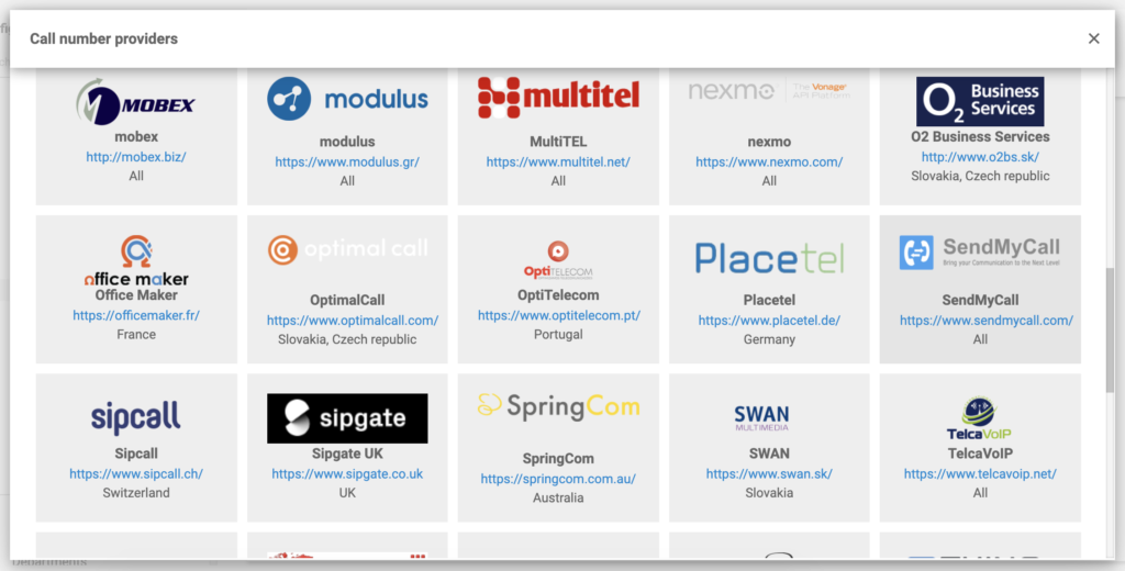 SendMyCall VoIP teikėjų sąraše LiveAgent konfigūracijoje