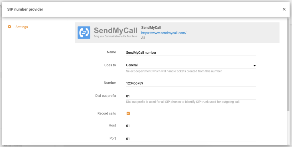 SendMyCall numerio konfigūracija LiveAgent