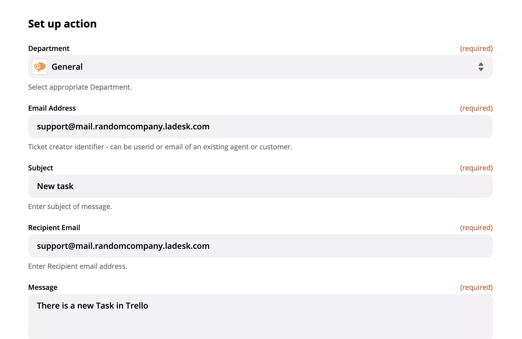LiveAgent Create Conversation veiksmo tinkinimo parinktys