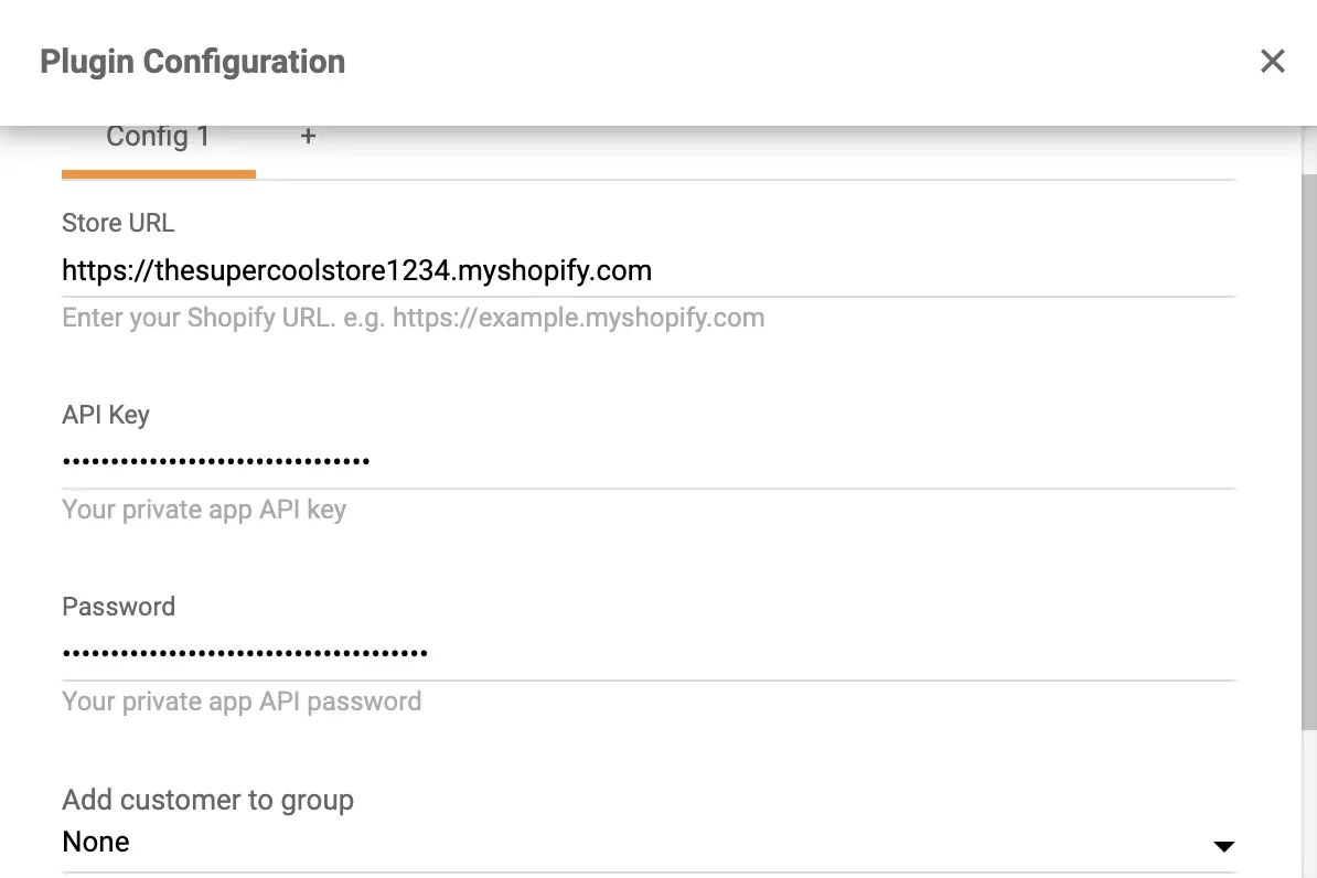 Nukopijuokite ir įklijuokite API raktą ir slaptažodį į Shopify papildinio konfigūraciją LiveAgent