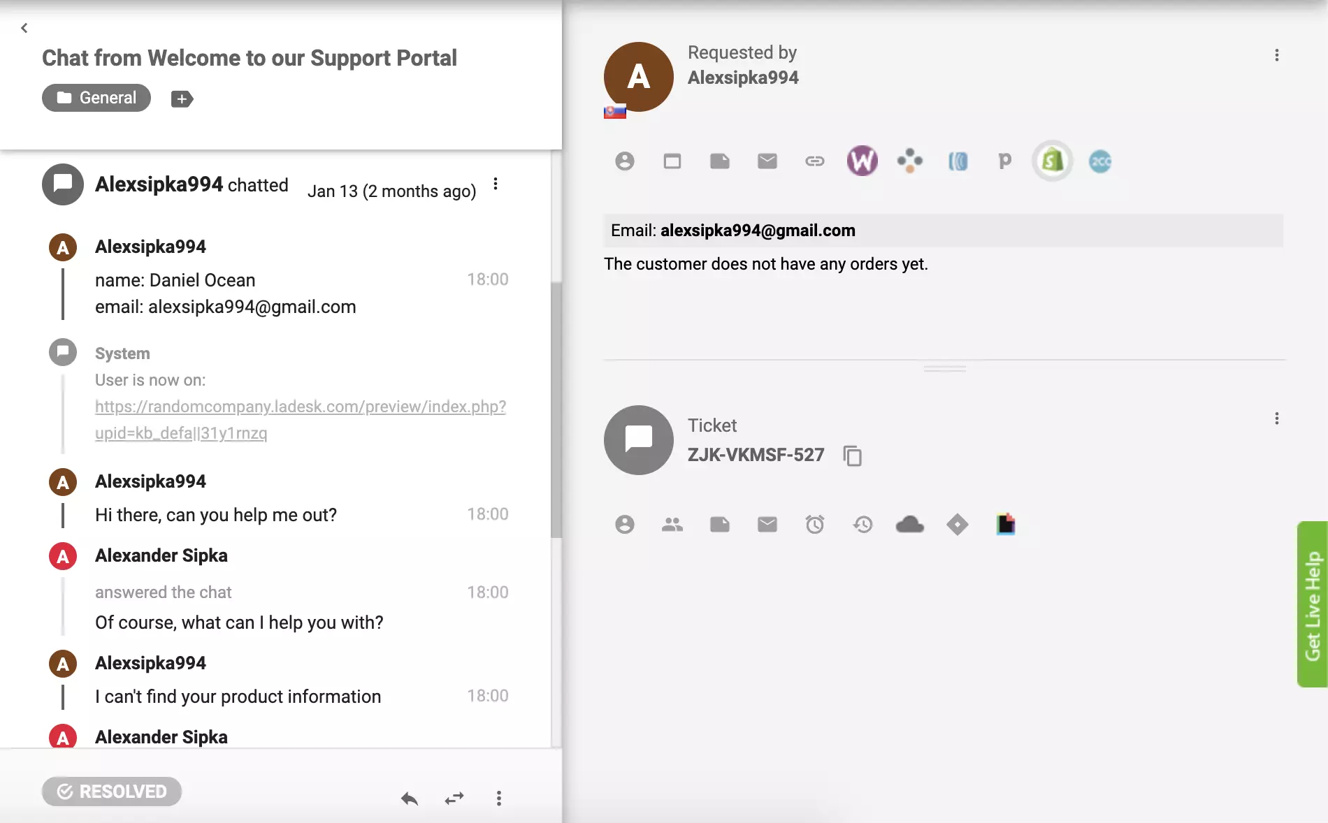 Shopify papildinys yra aktyvus LiveAgent ir kliento užsakymai gali būti matomi iš bilieto rodinio