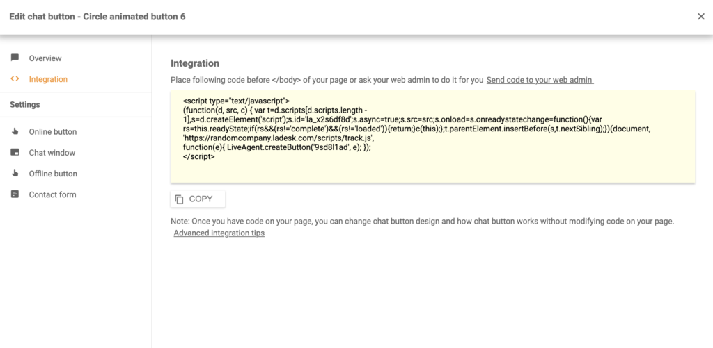 Silverstripe chat button integration code in LiveAgent