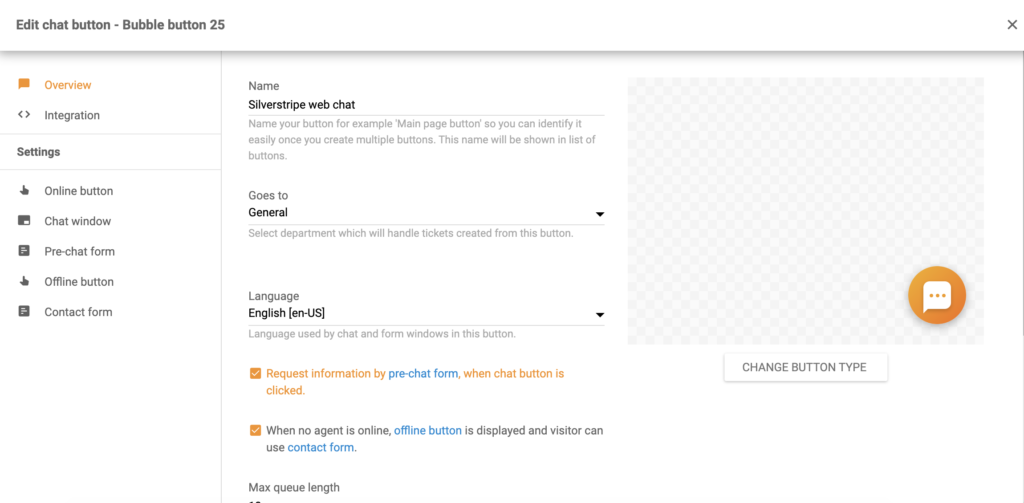 Silverstripe chat button configuration in LiveAgent