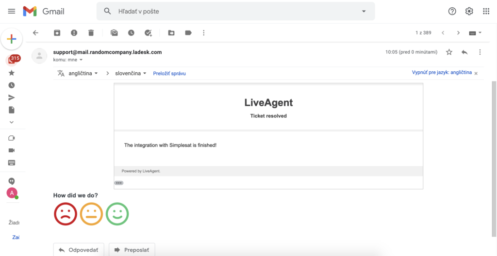 LiveAgent žinutė su Simplesat grįžtamuoju ryšiu Gmail pašto dėžutėje