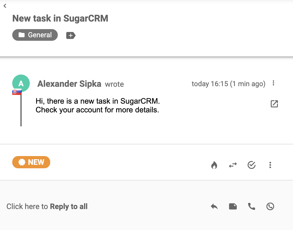 Bilietas, kuris atkeliavo į LiveAgent po sėkmingos integracijos su SugarCRM