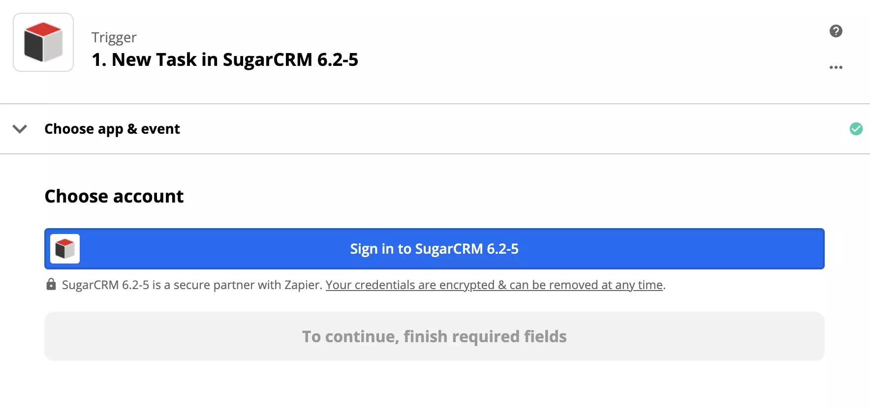 SugarCRM trigerio konfigūracija Zapier integracijoje