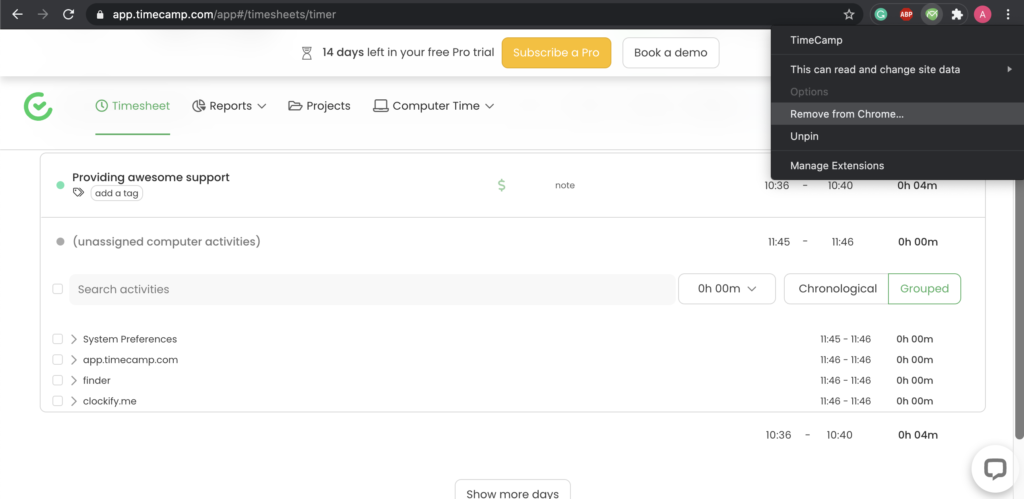 Timecamp įskiepio parinktys Google Chrome naršyklėje