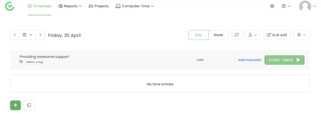 TimeCamp projekto pasirinkimas su laiko paleidimo mygtuku
