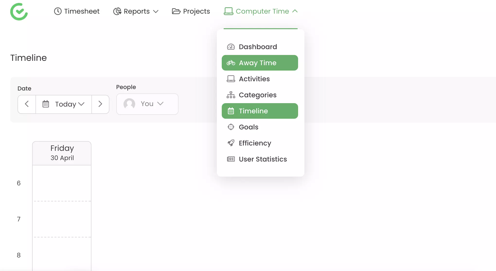 Sekimo galimybės, tokios kaip nebuvimo laikas ir laiko juosta matomos TimeCamp programoje