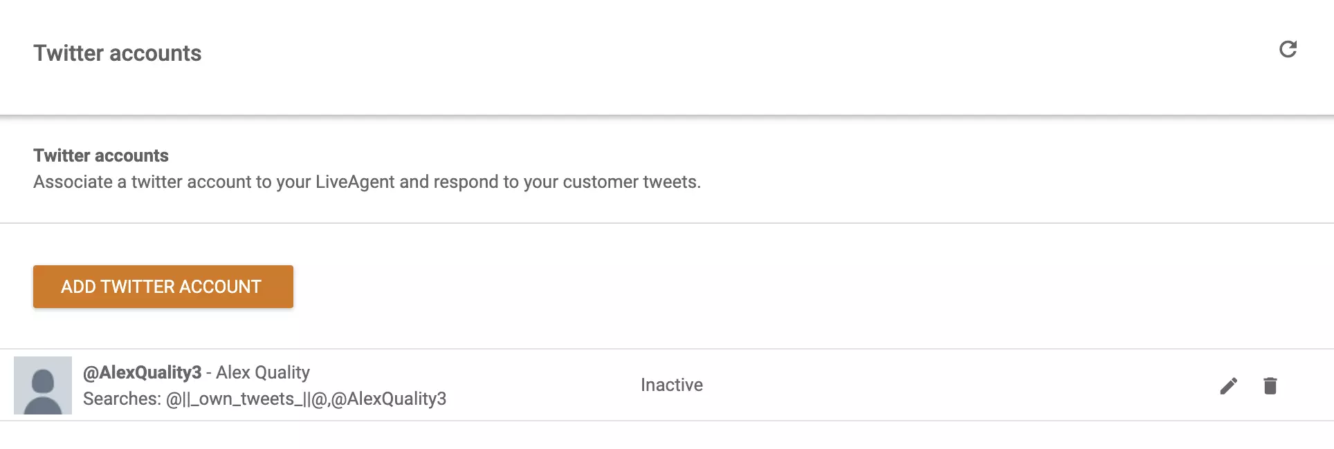 Image of accounts connected to LiveAgent and the option of adding another Twitter (X) account into the list