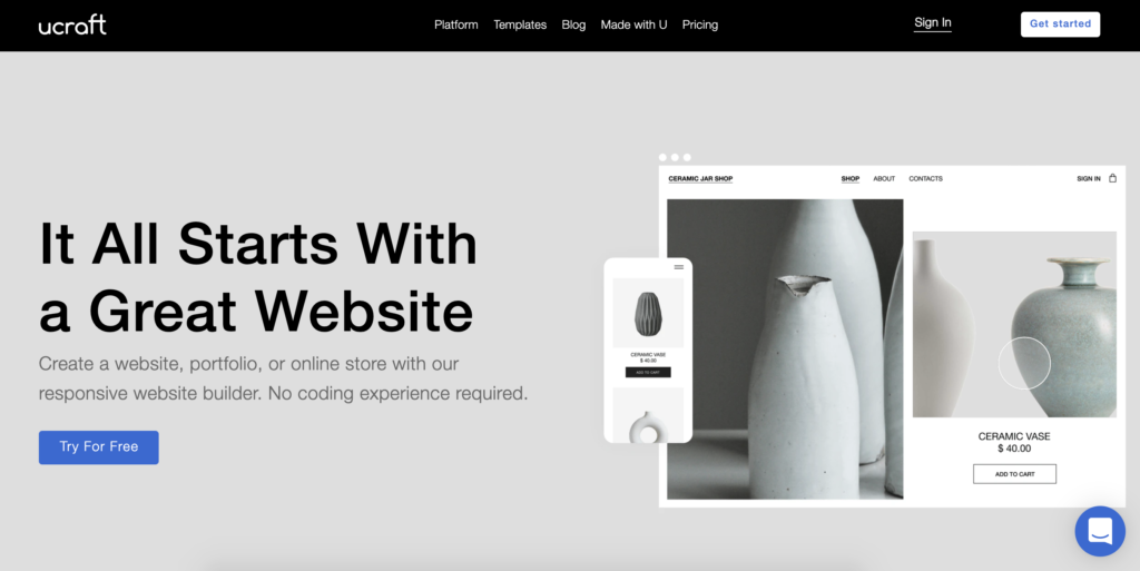 Ucraft pagrindinis puslapis su mygtuką Pradėti viršutiniame dešiniajame kampe