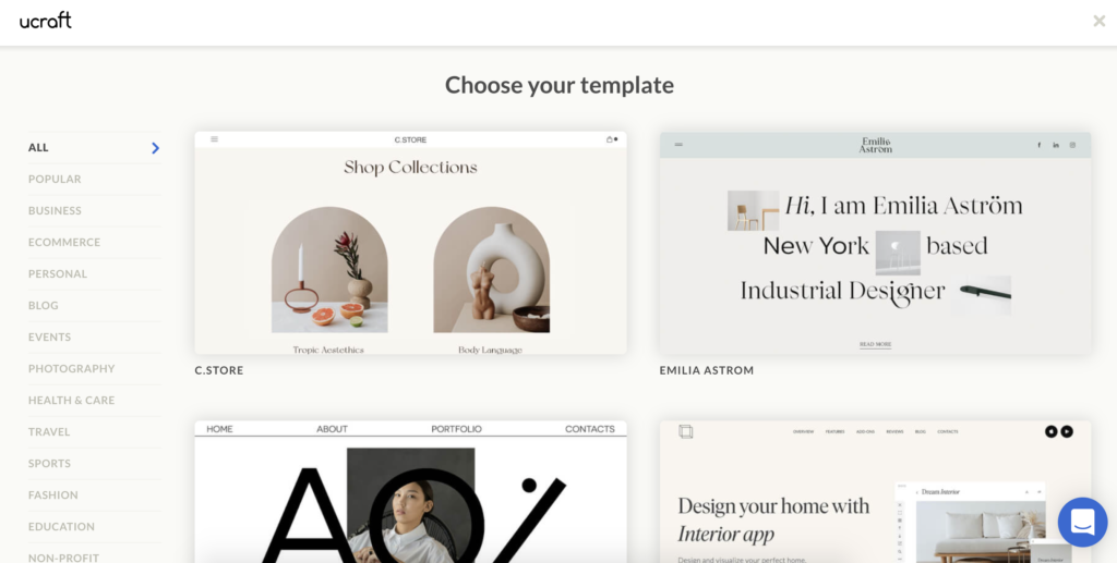 Ucraft šablono pasirinkimo ekranas su keliais šablono variantais