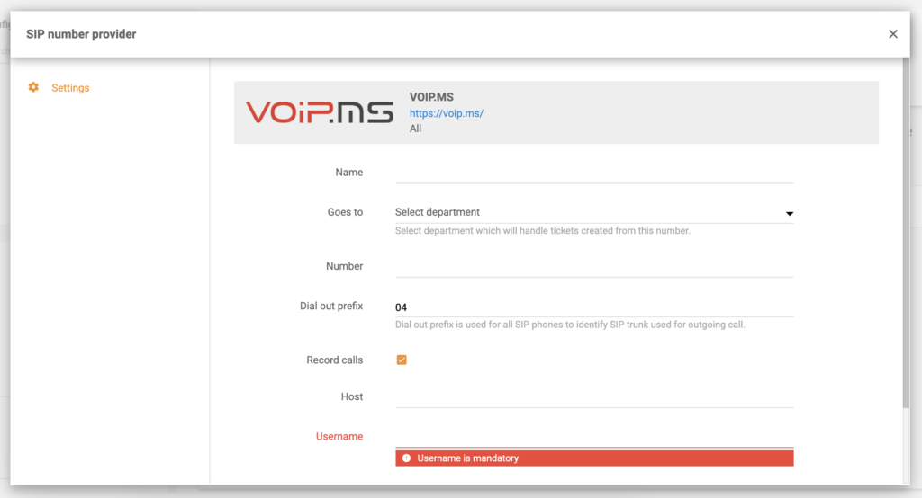 VoIP.ms konfigūracija LiveAgent skambučių nustatymuose