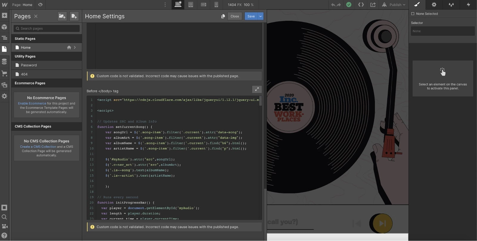 Webflow pasirinktinio kodo parinktis LiveAgent integracijos procese
