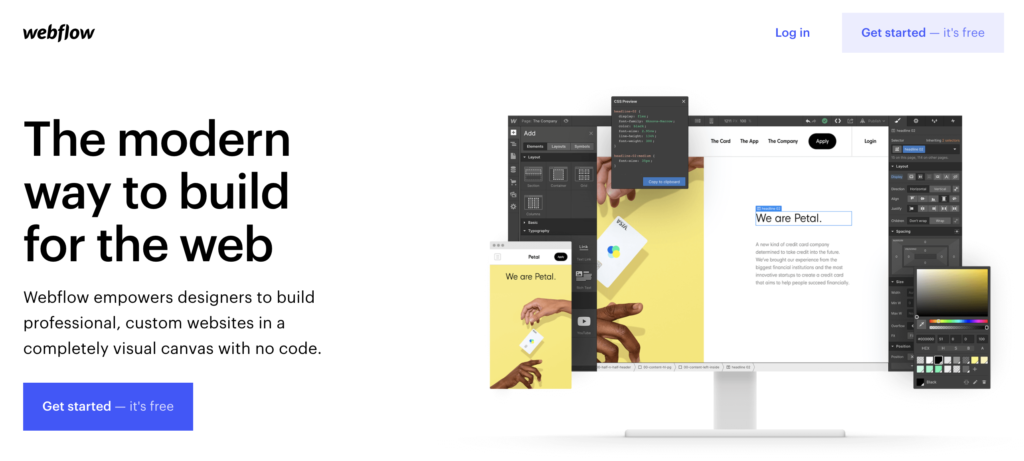Webflow pagrindinis puslapis su bandomosios versijos parinktimi viršuje dešinėje