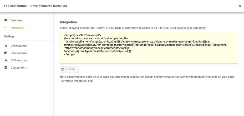Pokalbio mygtuko kodas po sėkmingos konfigūracijos LiveAgent