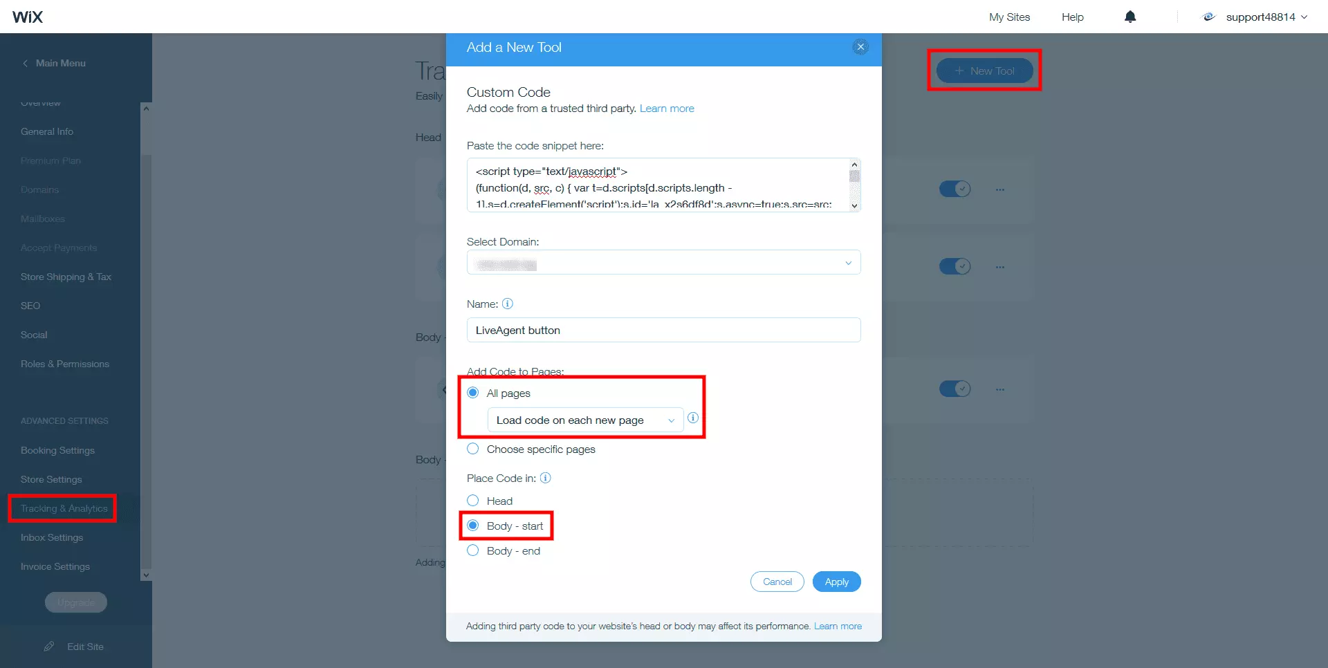 Dėkite LiveAgent tiesioginės pokalbio kodą Wix svetainės kūne