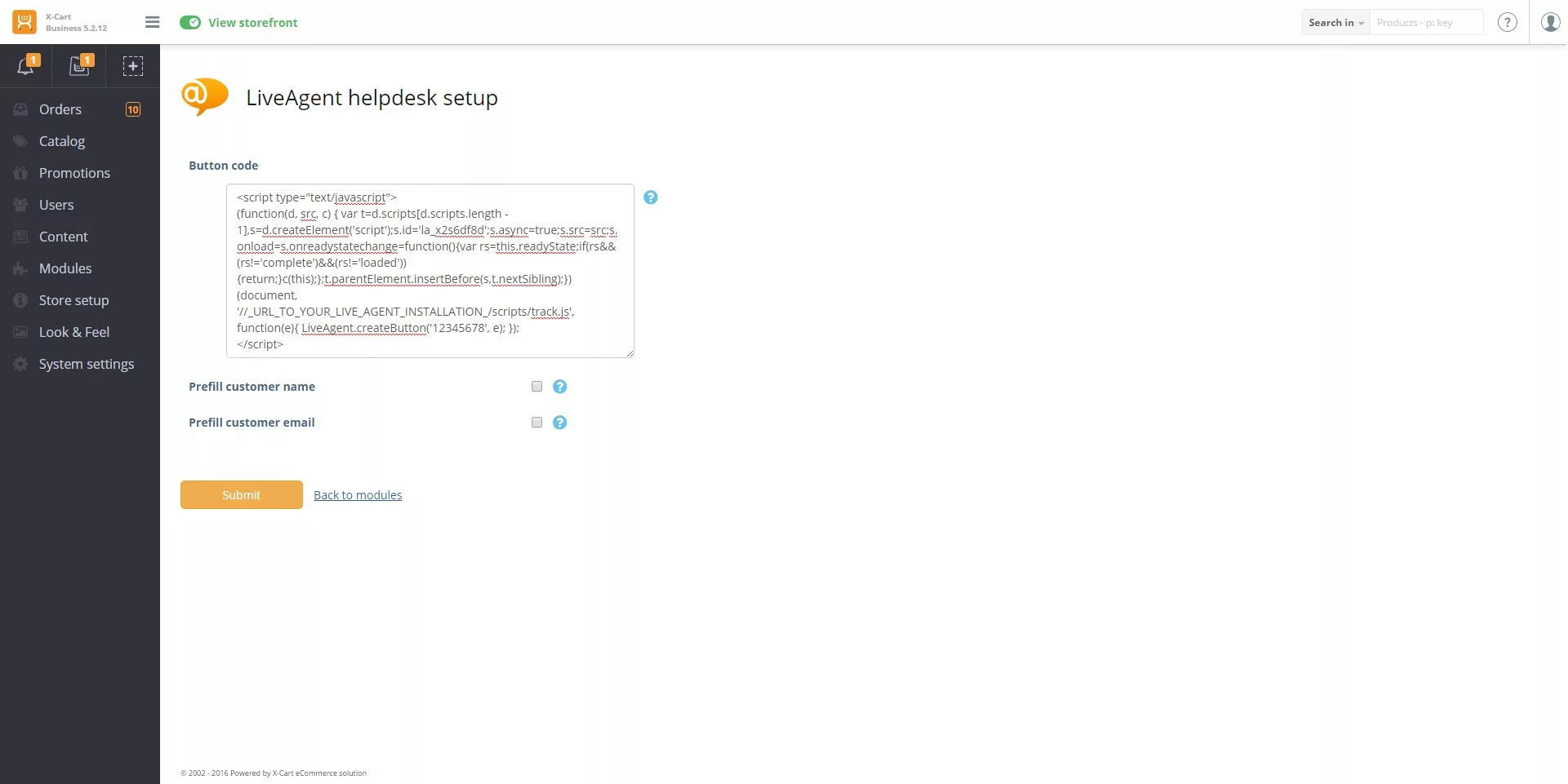 X-Cart LiveAgent integracijos kodo konfigūracija
