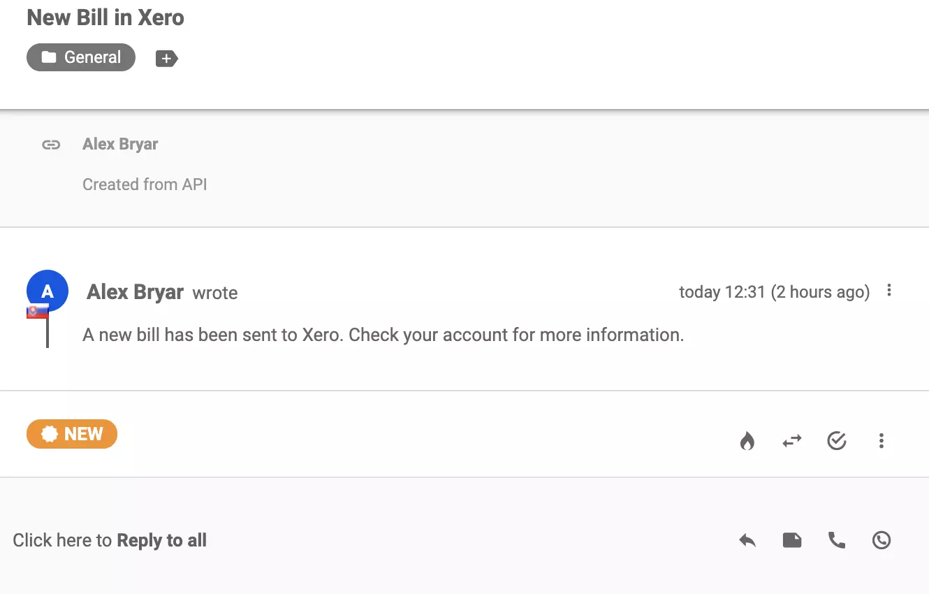 Naujas pokalbis, išsiųstas į LiveAgent bilieto sistemą po sėkmingos integracijos su Xero