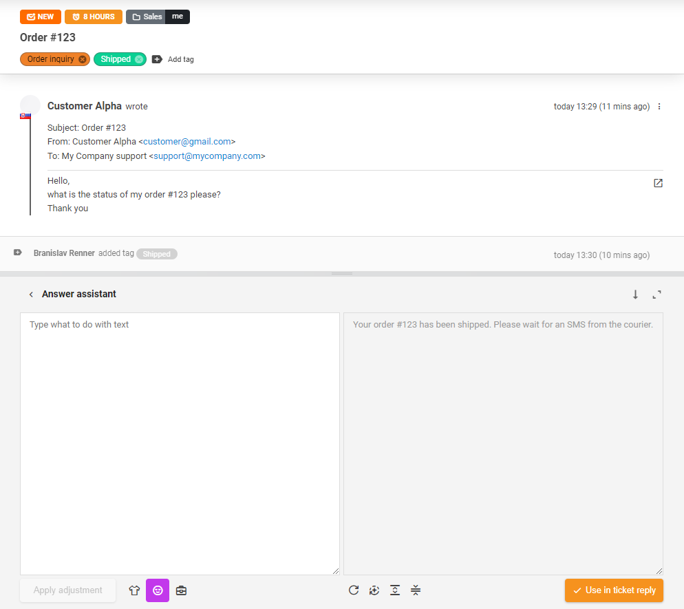 AI Answer Assistant priemonė naudojama bilieto atsakymui.
