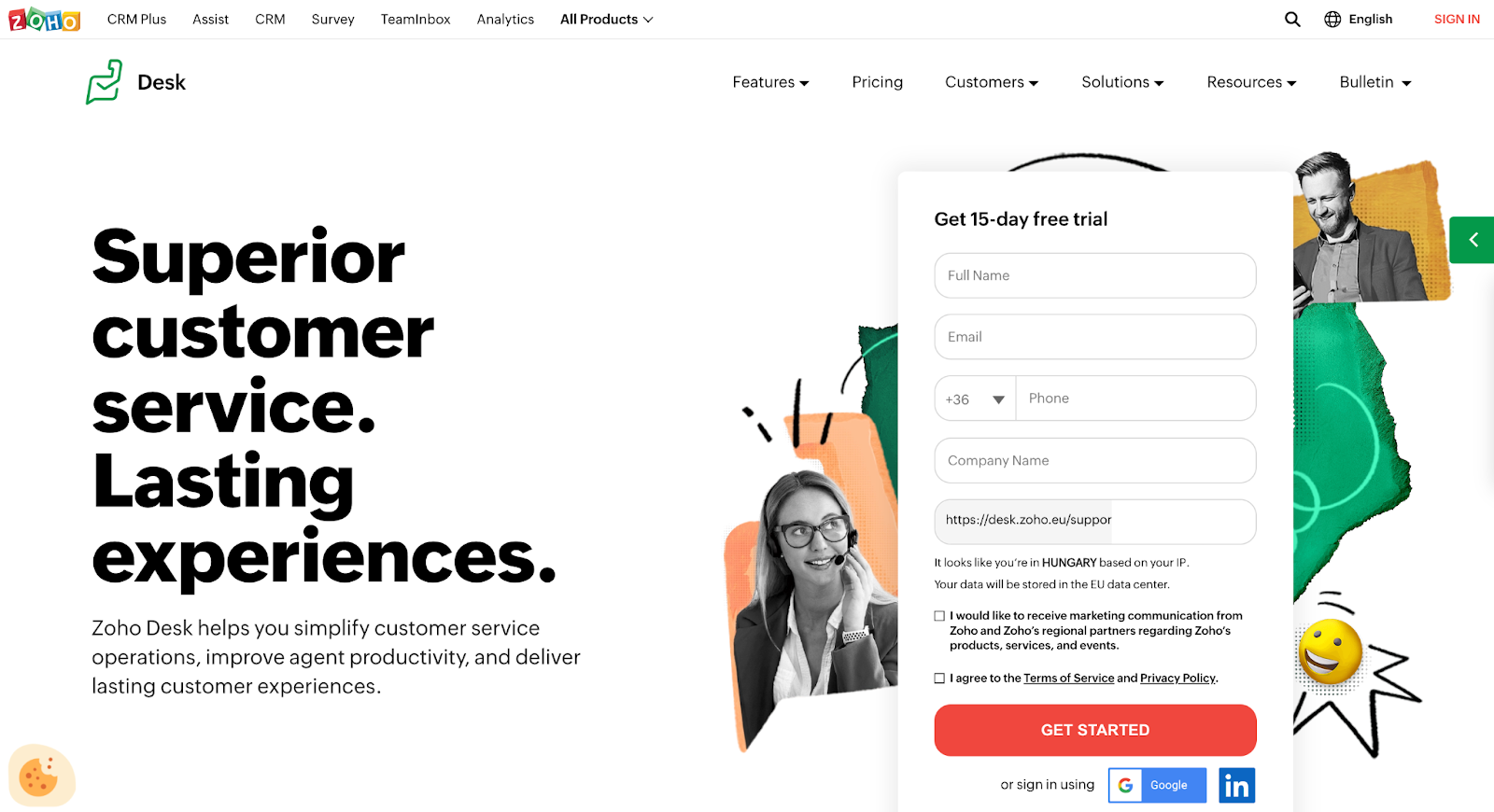 Zoho Desk bilieto sistemos pagrindinis puslapis