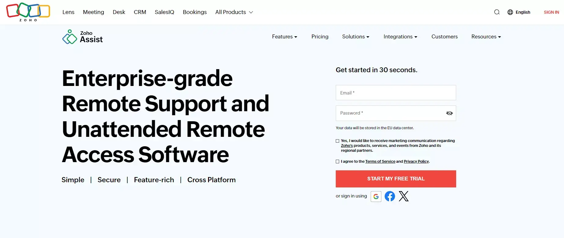 Zoho Assist pagrindinis puslapis - tvirta nuotolinė pagalbos tarnybos programinė įranga