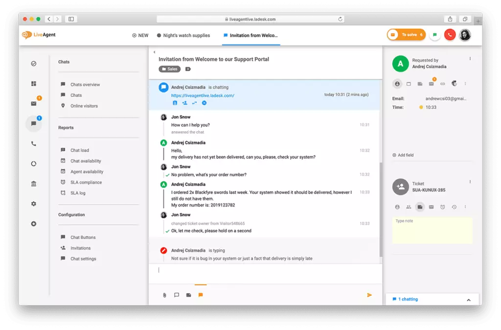 LiveAgent tiesioginės pokalbio sąsajos apžvalga.