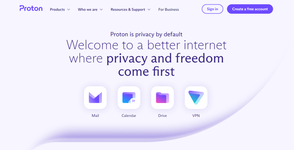 Proton Mail pradžios puslapis