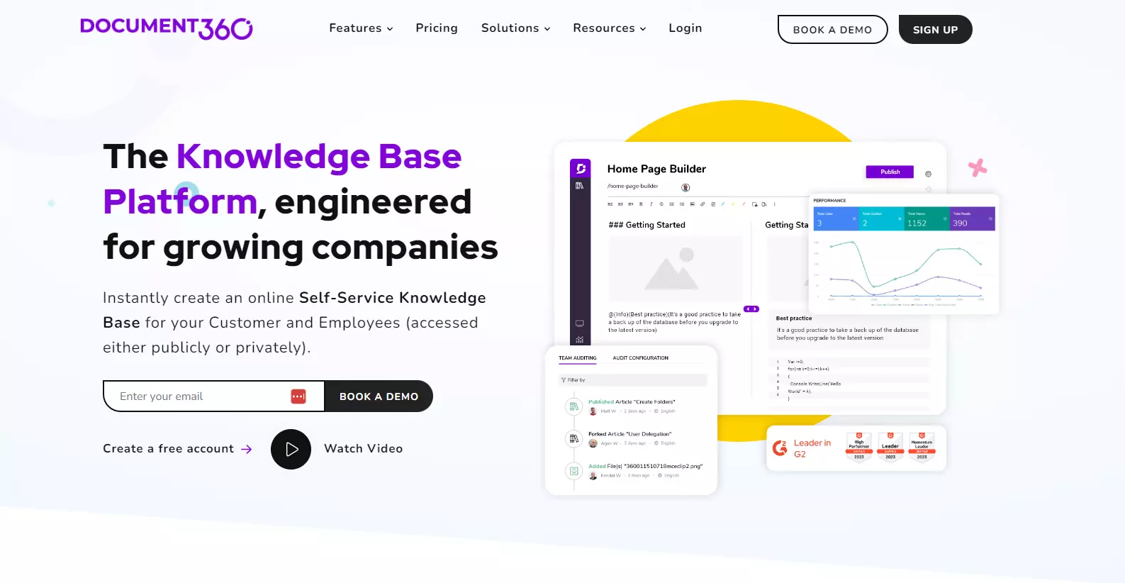 Document360 pagrindinio puslapio nuotrauka, sutelkta į pagrindines funkcijas