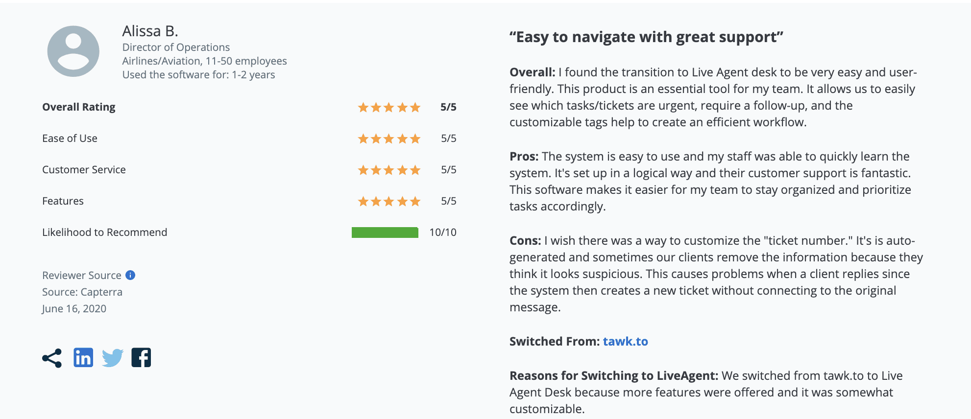 LiveAgent atsiliepimas apie Capterra