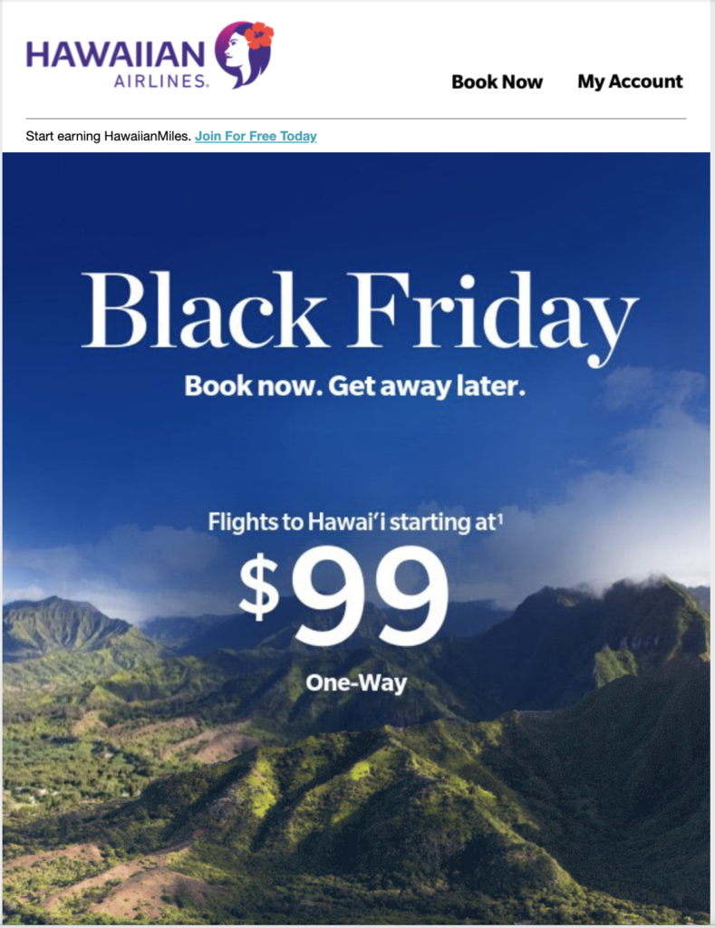 Hawaiian Airlines Black Friday el. pašto kampanija