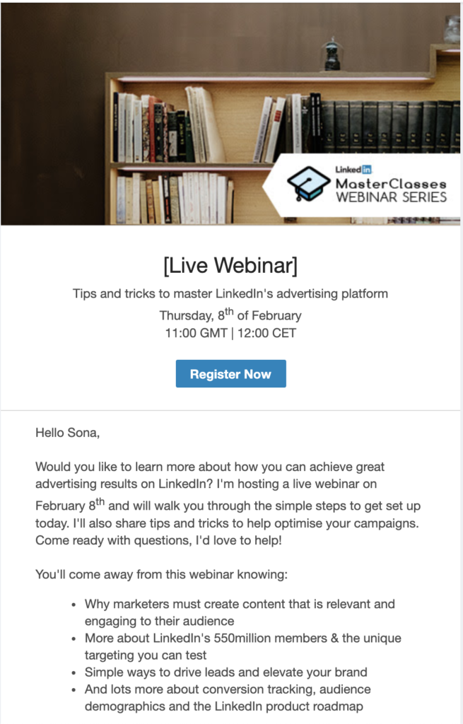 LinkedIn webinaro peržvalgos el. pašto šablonas